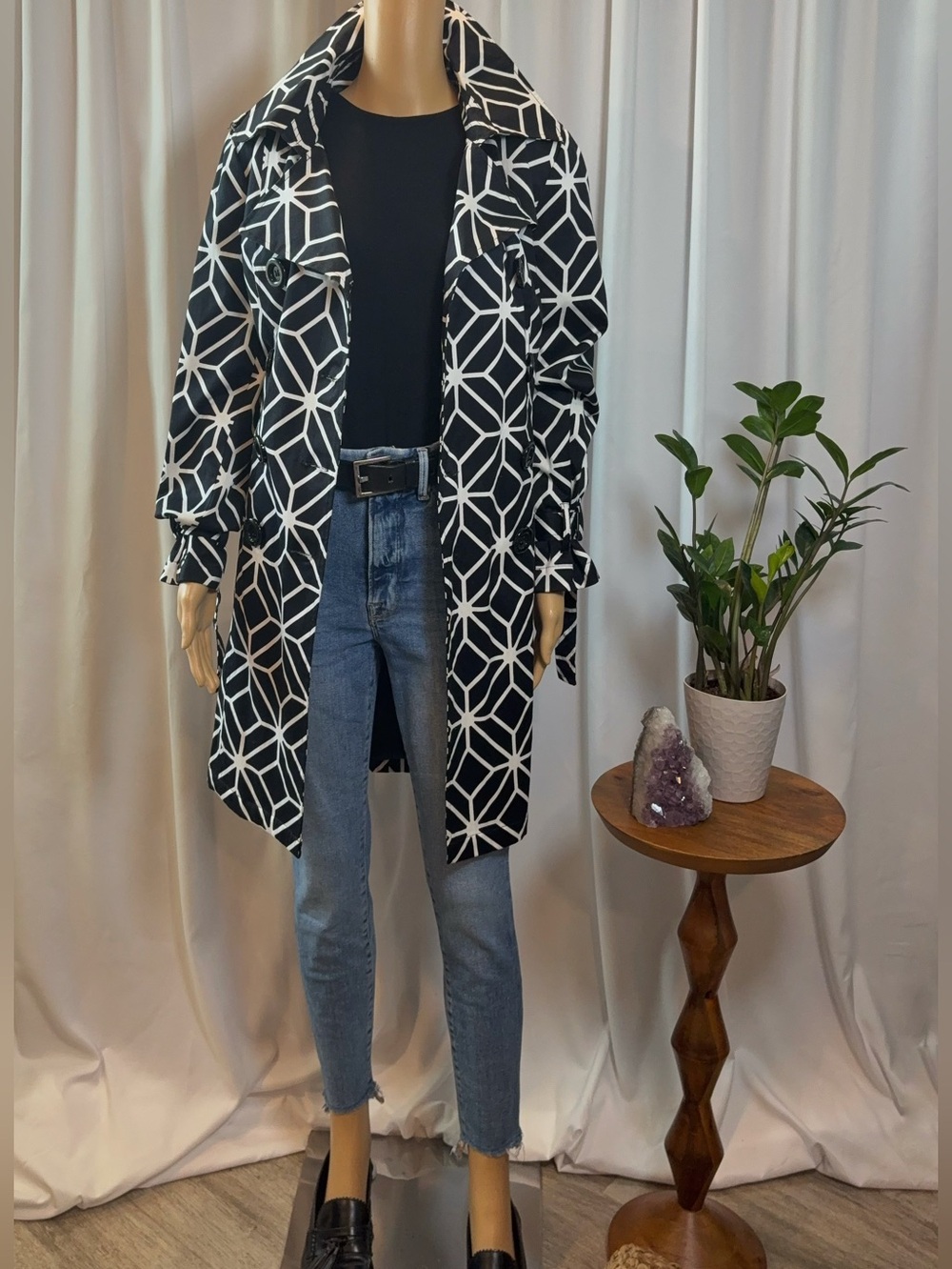 JohnPaulRichard Black & White Geometric Print Trench Coat Size  Medium